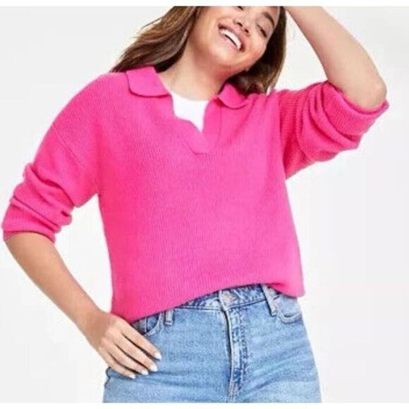 On 34th pink ribbed collared vneck sweater small - Picture 1 of 10